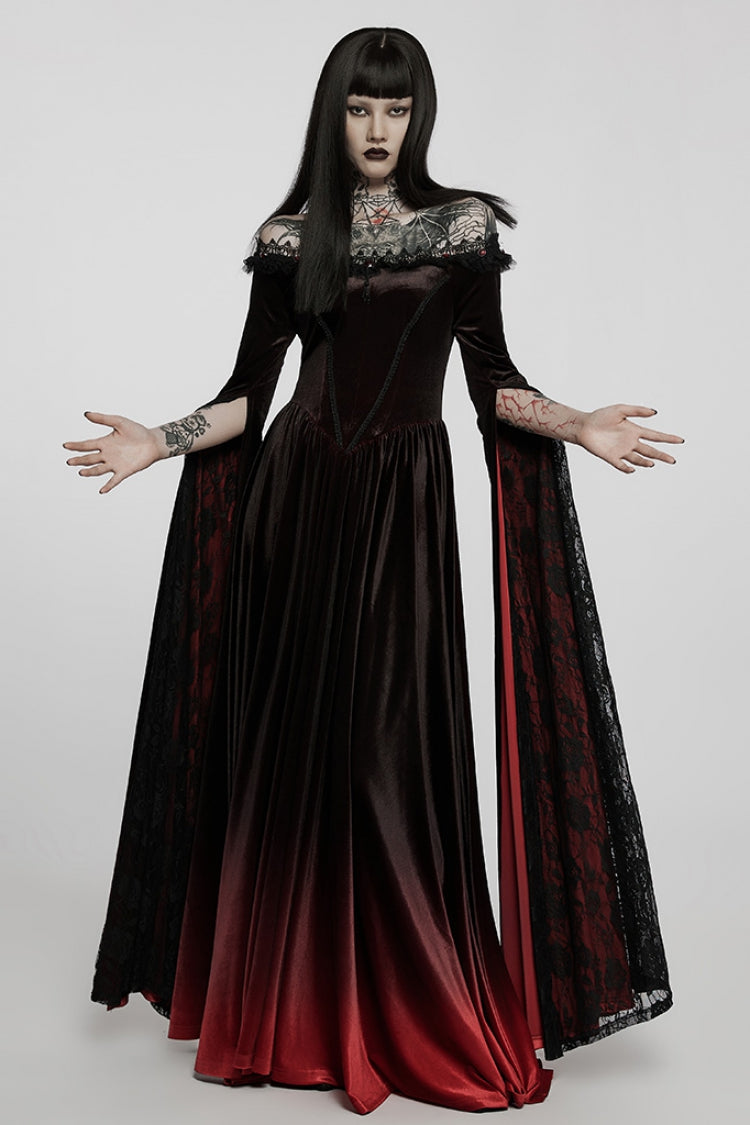 Black/Red Off Shoulder Long Trumpet Sleeves Gradient Lace Women's Gothic Dress - Product - 4