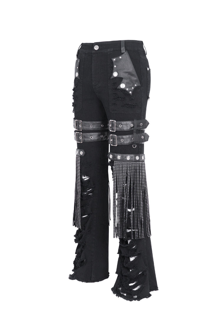 Black High Waisted Ripped Detachable Tassels  Men's Punk Pants - Product - 7