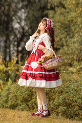 Wine Red Lace Stitching High Waisted Bowknot Ruffled Sweet Lolita Jsk Dress - Product - 4