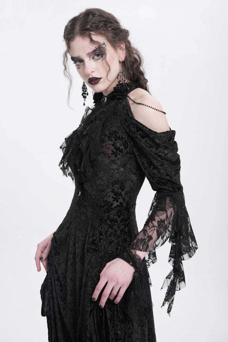 Black Off Shoulder Drawstring Jacquard Embroidery Women's Gothic Party Dress - Product - 9
