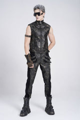 Black/Grey Faux Leather Stitching Buckle Men's Punk Pants - Product - 6
