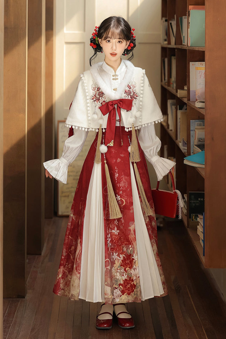 Red/White Lapel Collar Long Sleeves High Waisted Jacquard Print Embroidery Pleated Women's Chinese Style Gorgeous Hanfu Dress Set - Product - 4