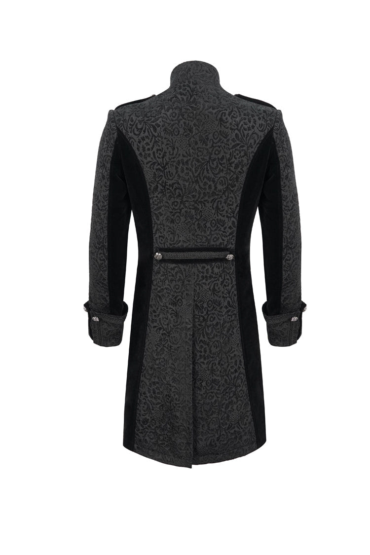 Black Silk Stand Collar Printed Metal Breasted Cross Zipper Back Slit Vintage Men's Gothic Jacket - Product - 7