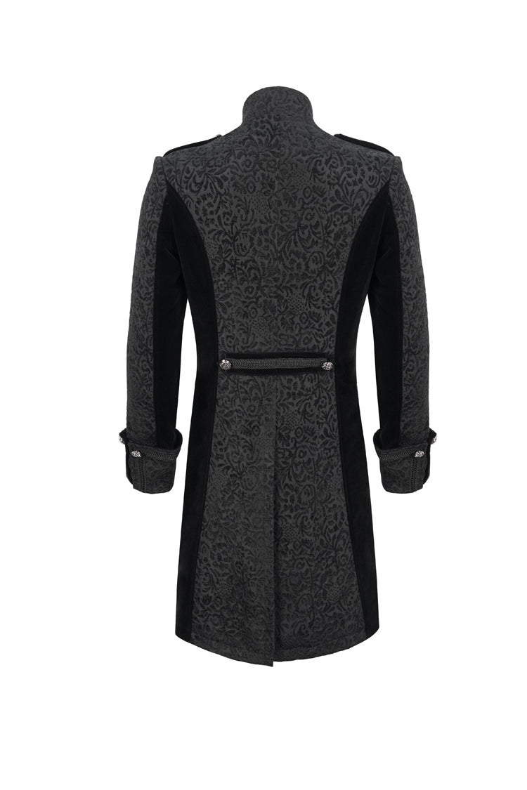 Black Silk Stand Collar Printed Metal Breasted Cross Zipper Back Slit Vintage Men's Gothic Jacket - Product - 7