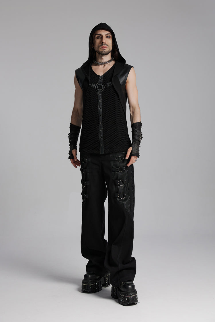 Black V Collar Sleeveless Hooded Mesh Eyelets Men's Punk Vest - Product - 3