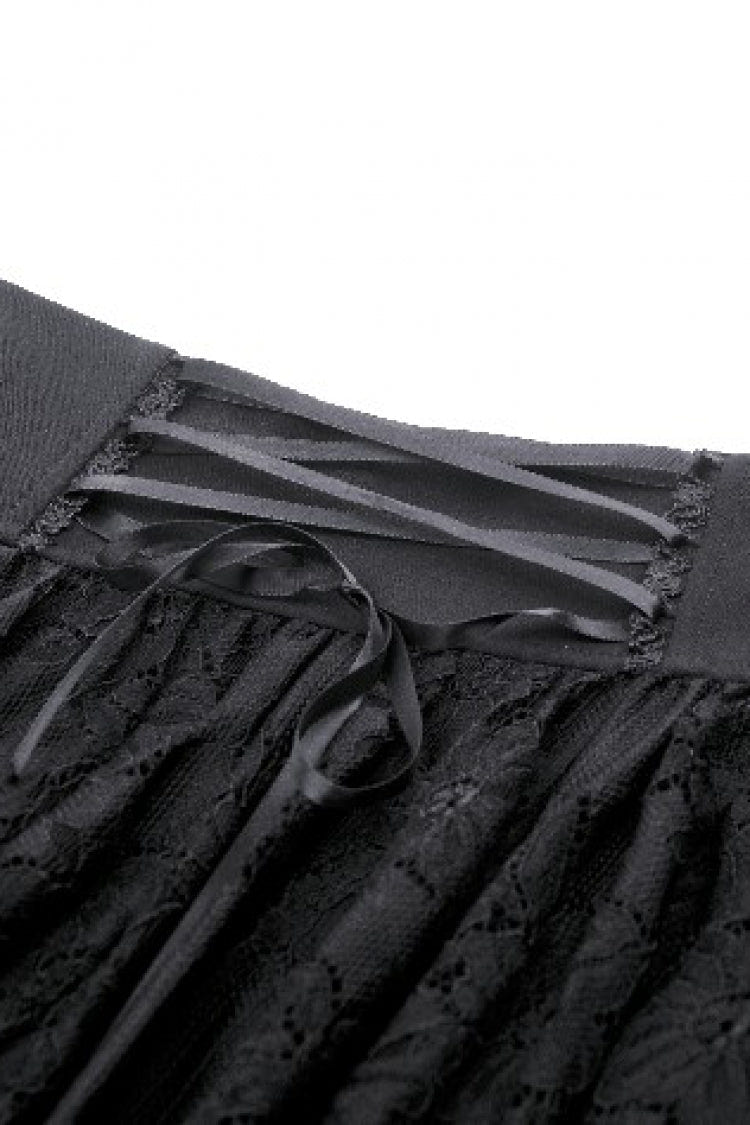 Black Women's Gothic Princess High Waisted Lace Lace-Up Buckled High/Low Tail Hem Maxi Skirt - Product - 17