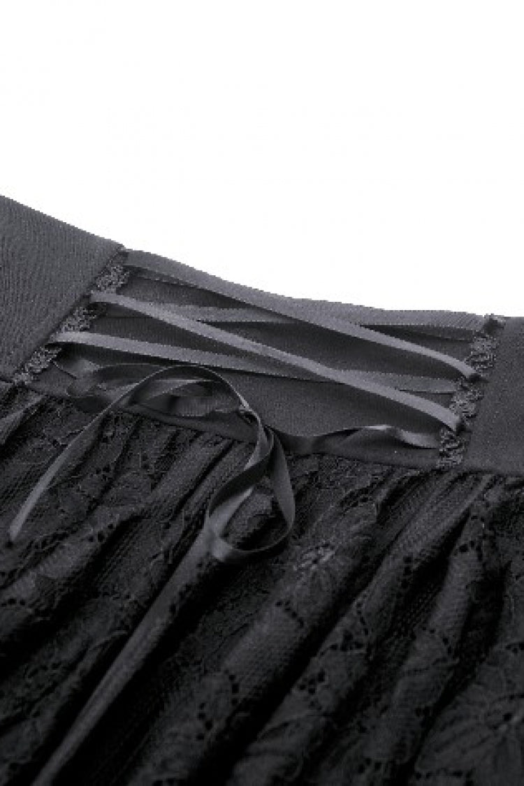 Black Women's Gothic Princess High Waisted Lace Lace-Up Buckled High/Low Tail Hem Maxi Skirt - Product - 17