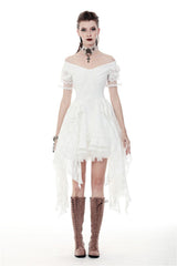 White Off Shoulder Lace Short Sleeves Lace-Up Women's Steampunk Luxurious Wedding Graduation Dress - Product - 6