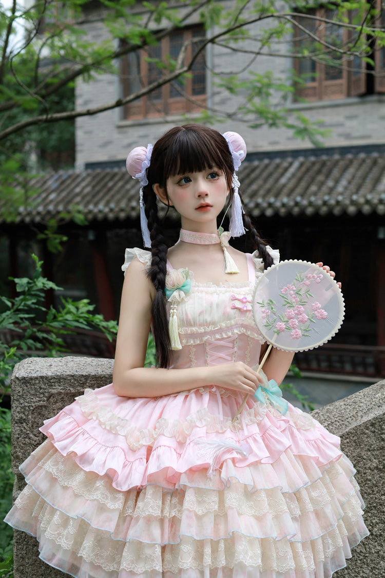 Ancient Poetry Print Multi-layer Ruffle Bowknot Lace Sweet Chinese Style Lolita Tiered Dress 2 Colors - Product - 10