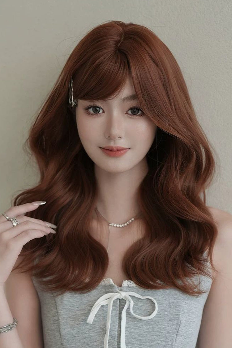Sunset Orange Brown Natural Fluffy Medium Length Curly Sweet Lolita Wig with Side Bangs - Product - 5