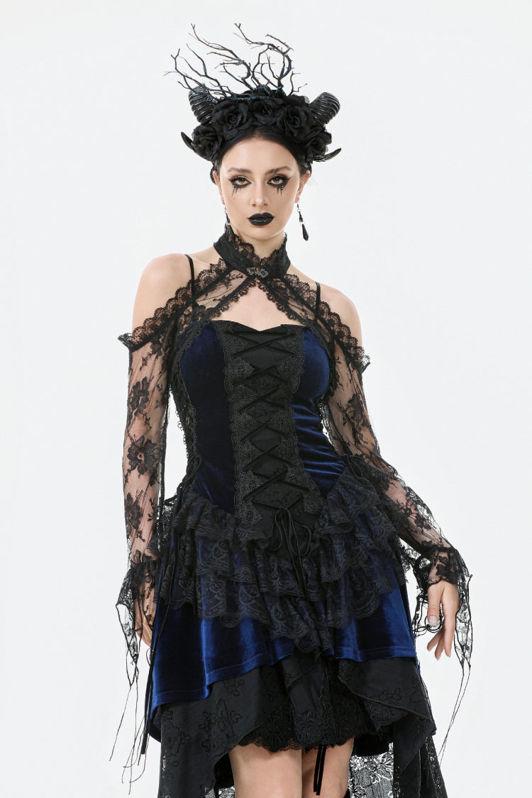 Black Off Shoulder Long Sleeves Sheer Floral Lace Women's Gothic Shrug - Black - 1