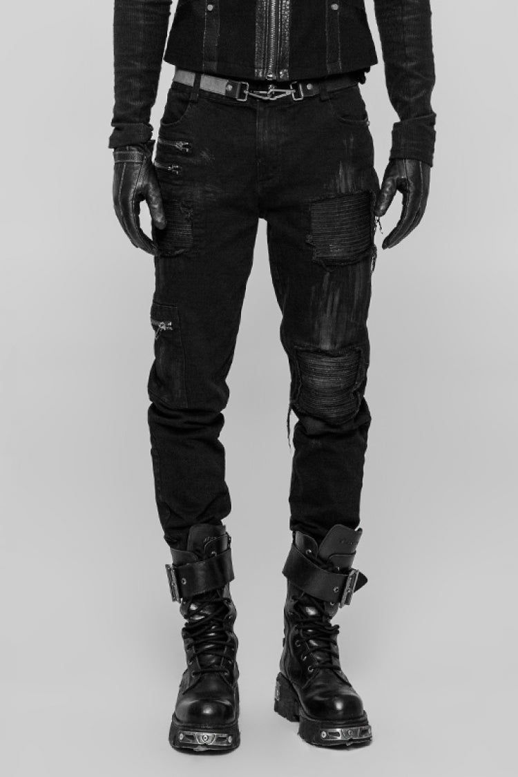 Black Hand-Painted Crafts Stitching Ripped Men's Steampunk Jeans Pants - Black - 1
