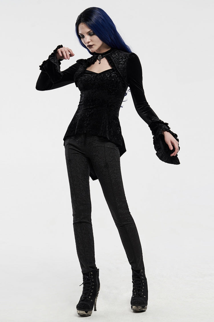 Black Long Sleeves Hollow Embroidery Slim Women's Gothic Blouse - Product - 4