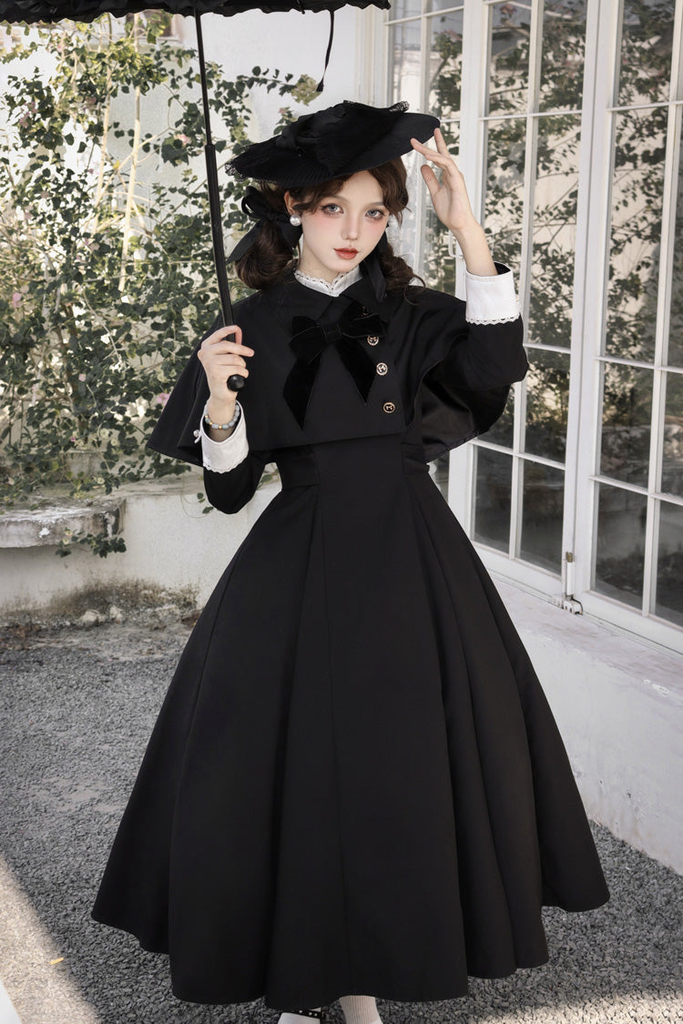 Black [Miss Donya] Stand Collar Long Sleeves Bow Gothic Elegant Lolita OP Dress - Black - 1