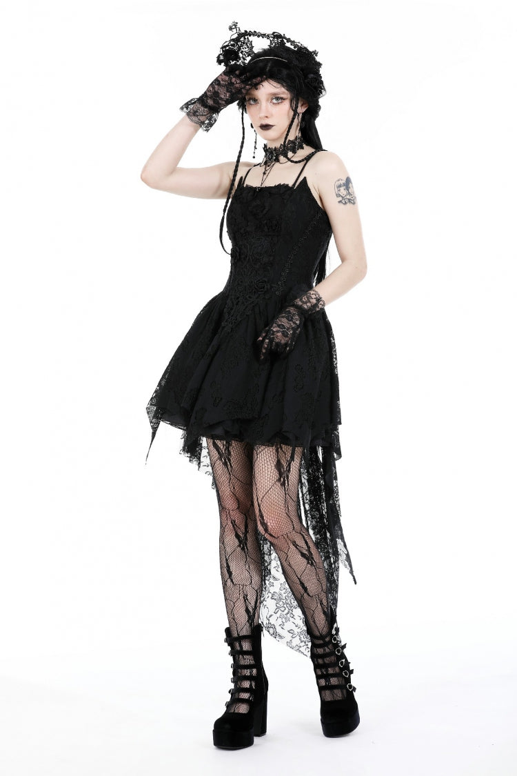 Black Sleeveless Rose Lace Lace-Up Women's Gothic High Low Dovetail Slip Wedding Dress - Product - 7