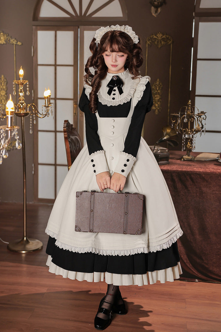 [Miss Lita] Stand Collar Long Lantern Sleeves Triple-Layered Ruffled Classic Elegant Maid Lolita Dress 2 Colors (Red, Black) - Product - 17