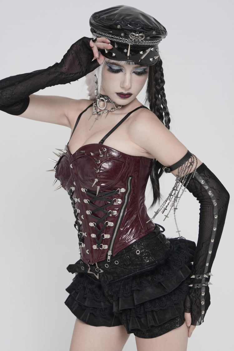 Red Lace-Up Slim Studded Zippered Women's Punk Corset - Product - 8