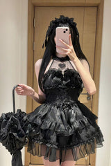 Black Halterneck Triple-Layered Bowknot Lace Gothic Lolita Jsk Dress - Product - 4