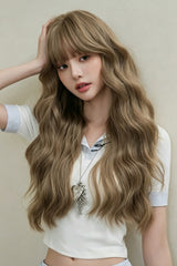 Milk Tea Brown Korean Style Fluffy Face-Framing Air Bangs Wavy Sweet Lolita Wig - Product - 5