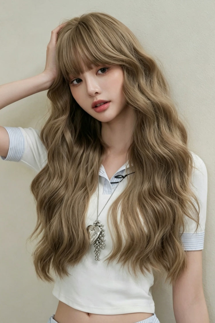 Milk Tea Brown Korean Style Fluffy Face-Framing Air Bangs Wavy Sweet Lolita Wig - Product - 5