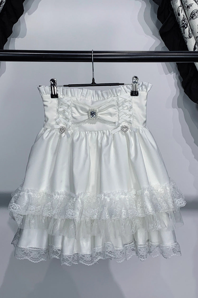 Jirai Kei Triple-Layered Printed Ruffled Bow Lace Sweet Japanese Skirt 3 Colors - White - 5