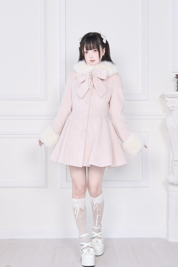 Pink Plush Collar Long Sleeves Bowknot Japanese Sweet Lolita Coat - Product - 5