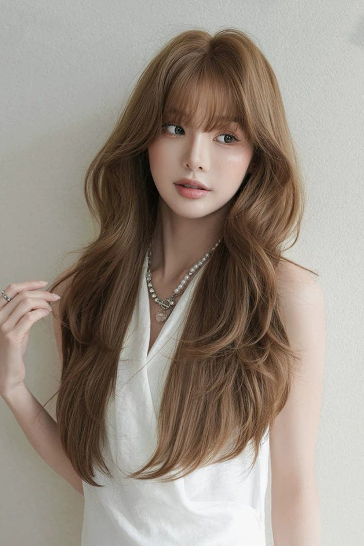Milky Coffee Korean Style High-Layered Long Wavy Sweet Lolita Wig with Air Bangs - Product - 7