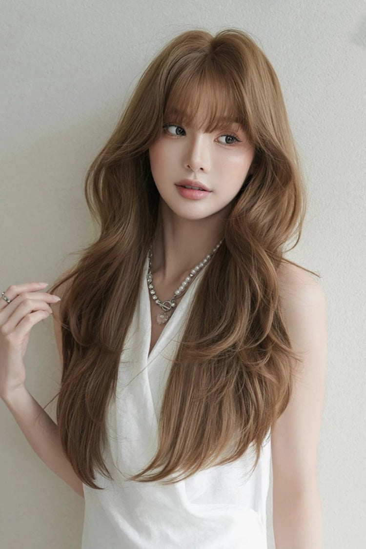 Milky Coffee Korean Style High-Layered Long Wavy Sweet Lolita Wig with Air Bangs - Product - 7