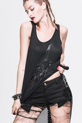 Black Sleeveless Dragon Print Dragon-Tail Transparent Lace Back Womens Punk T-shirt - Product - 3