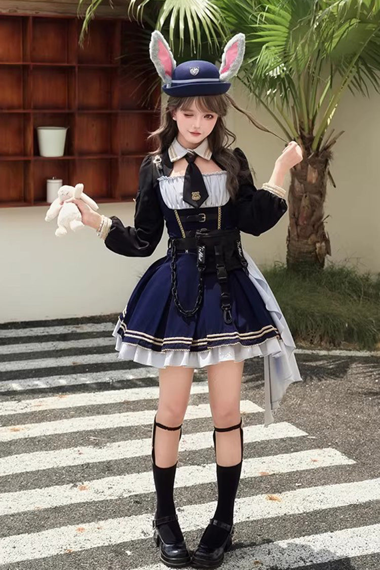 Blue [Rabbit Police Officer] Ruffled Bow Asymmetric College Style Handsome Lolita Jsk Dress - Product - 5