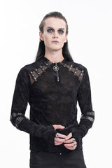 Black Round Collar Long Sleeves Buckle Star Studs Men's Gothic T-Shirt - Product - 6