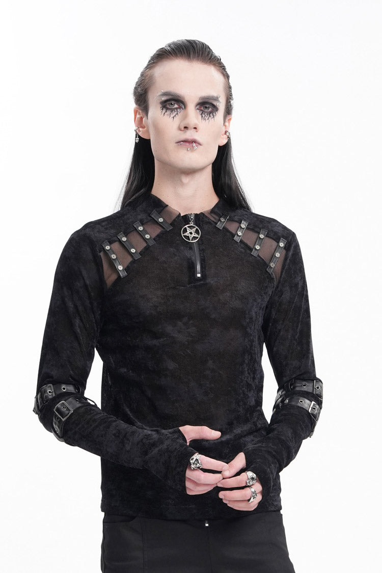 Black Round Collar Long Sleeves Buckle Star Studs Men's Gothic T-Shirt - Product - 6