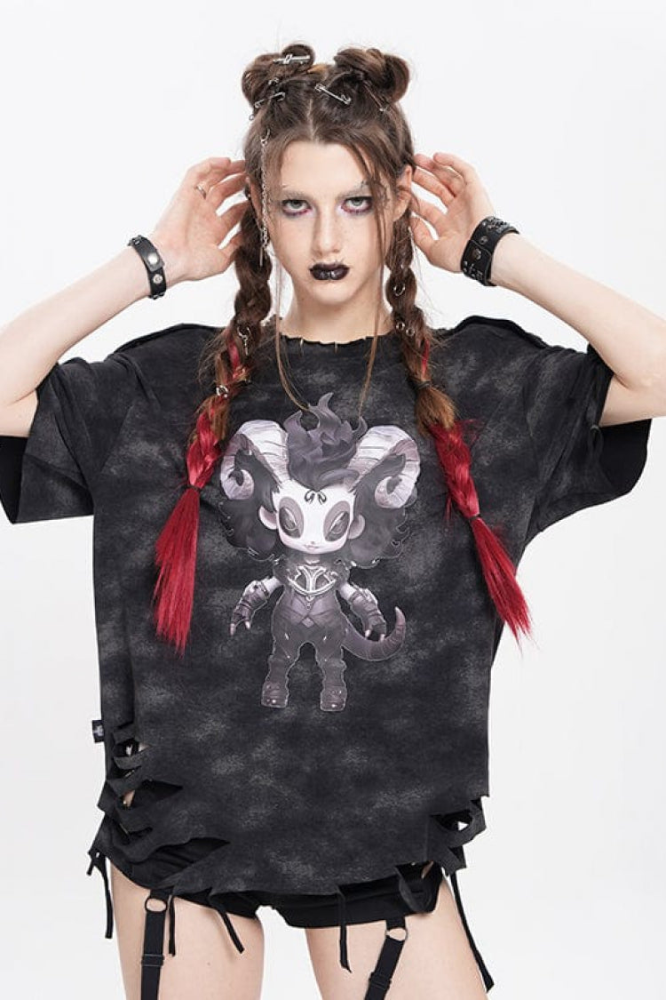 Black Short Sleeves Lilimar Print Ripped Women's Punk T-Shirt - Product - 2