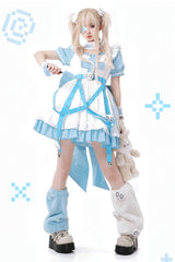 White/Blue [Treatment Room] Short Sleeves Ruffle Embroidery Jirai Kei Dress Set - White/Blue - 1