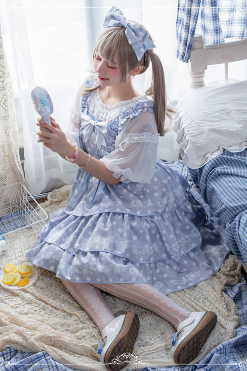 Polka Dot Print Sleeveless Bowknot Multi-Layer Ruffled High Waisted Sweet Lolita Tiered JSK Dress - Product - 8