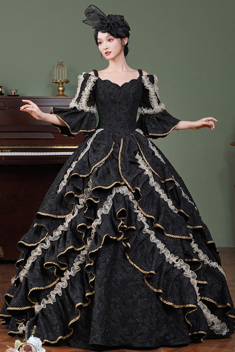 Black Square Collar Half Trumpet Sleeves Ruffled Open-Front Lace Gothic Vintage Palace Lolita Victorian Dress - Product - 7