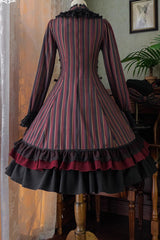 Point Manor Stand Collar Long Sleeves Multi-layer Striped Print Ruffle Gothic Lolita Dress 4 Colors - Product - 11