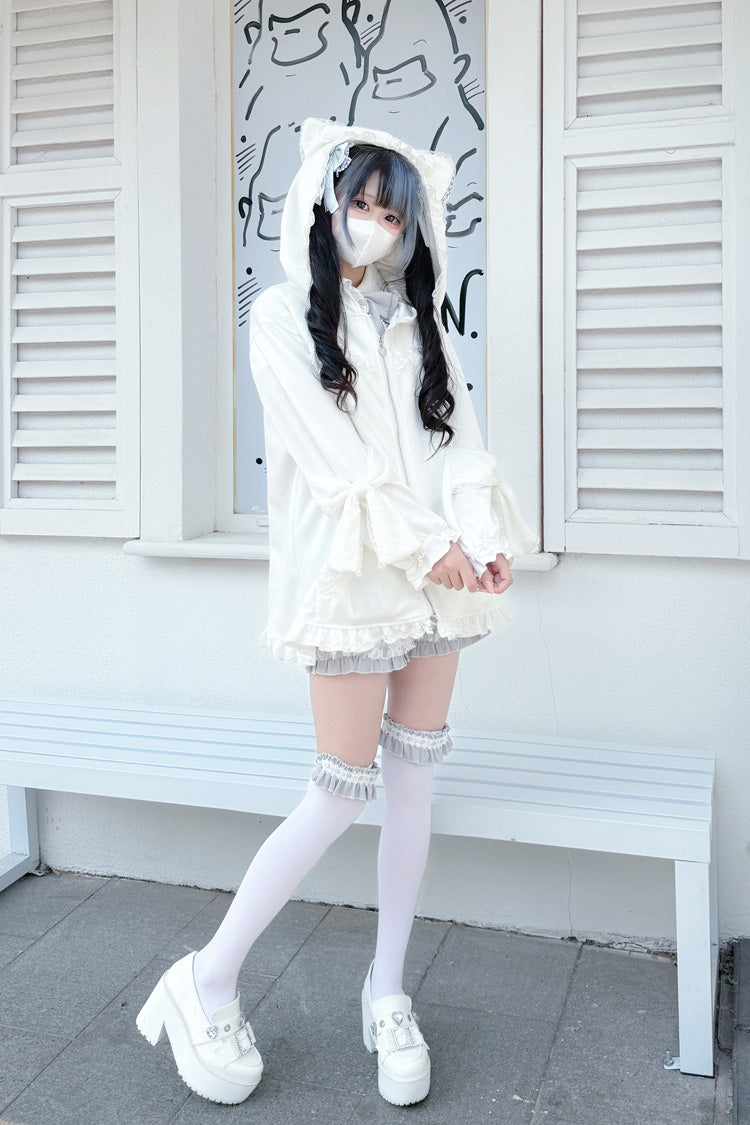 White Long Sleeves Cat Ears and Tail  Ruffle Bowknot Hooded Gothic Jirai Kei Coat - Product - 5