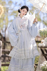 Light Blue [Alice in the Illusion] Stand Collar Pastoral-StylePrinted Bow Lace Chinese Style Vintage Lolita Ma Mian Skirt Set - Product - 5