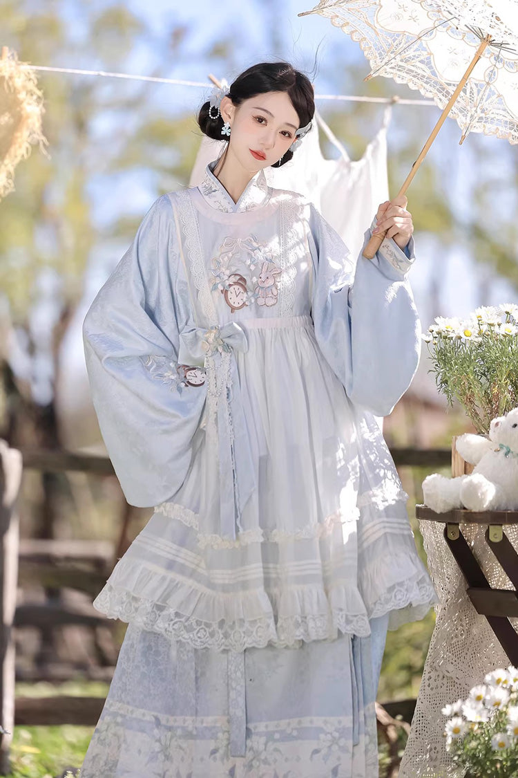 Light Blue [Alice in the Illusion] Stand Collar Pastoral-StylePrinted Bow Lace Chinese Style Vintage Lolita Ma Mian Skirt Set - Product - 5