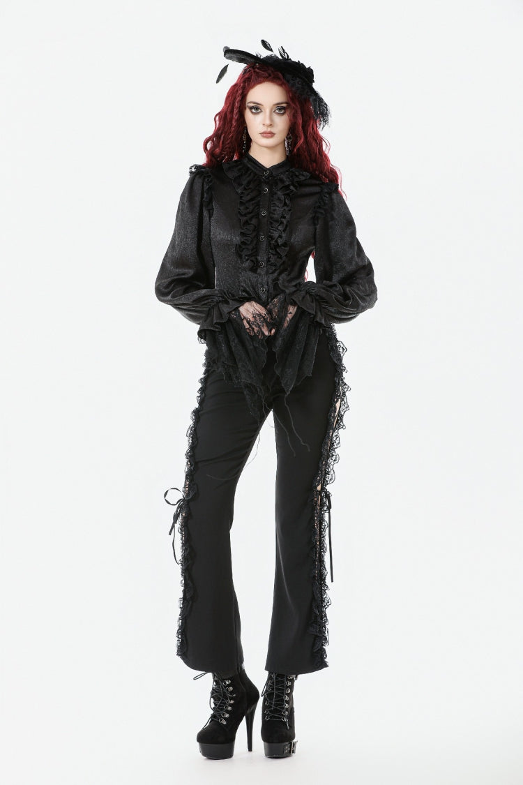 Black Long Lantern Sleeves Ruffled Spliced Lace Women's Gothic Blouse - Product - 9
