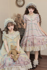 Pink [Brown Dollhouse] Short Sleeves Bear Printed Ruffled Bow Sweet Lolita Dress Set - Product - 9