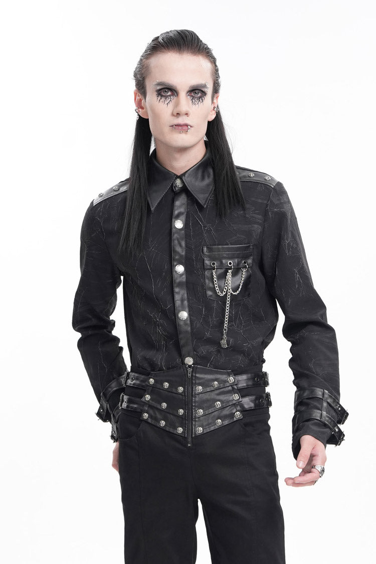 Black Lapel Collar Long Sleeves Buckle Chain Men's Gothic Blouse - Product - 8