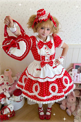 [A Day as a Candy Shop Owner] Peter Pan Collar Short Sleeves Printed Bow Sweet Lolita Dress 3 Colors (Red, Blue, Pink) - Product - 16