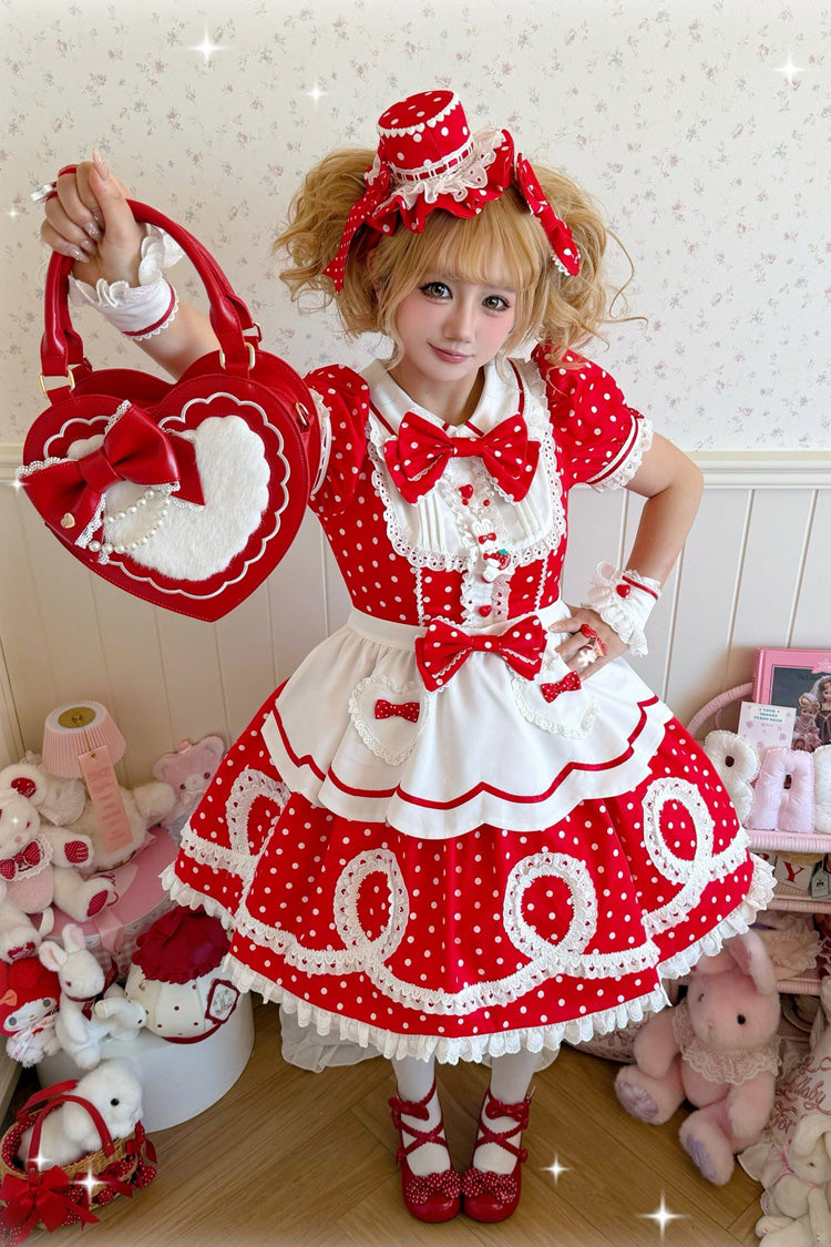 [A Day as a Candy Shop Owner] Peter Pan Collar Short Sleeves Printed Bow Sweet Lolita Dress 3 Colors (Red, Blue, Pink) - Product - 16