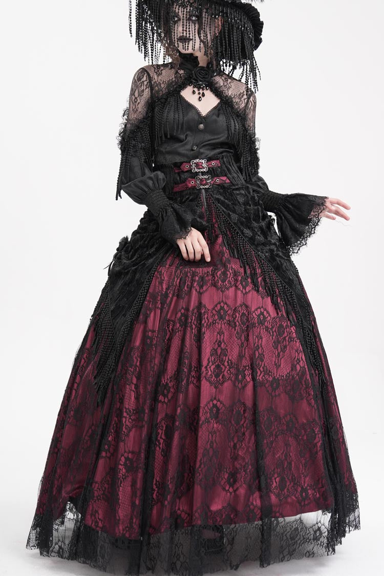 Wine Red Print Embroidery Tassels Buckle-up Lace-Up Women's Gothic Long Skirt - Product - 6