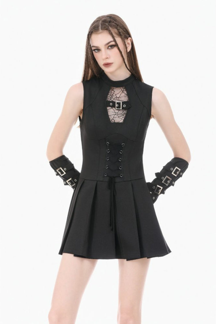 Black Sleeveless Cut-Out Cobweb Sheer Mesh Lace-Up Women's Punk Mini Dress - Black - 1