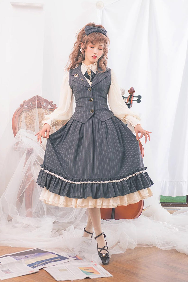 Multi-layer Striped Print Ruffle Sweet College Style Elegant Lolita Skirt 3 Colors - Product - 9