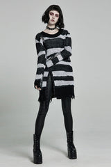 Striped Print Long Sleeves Mesh Ripped Women's Steampunk Knitted Sweater 2 Colors - Product - 4