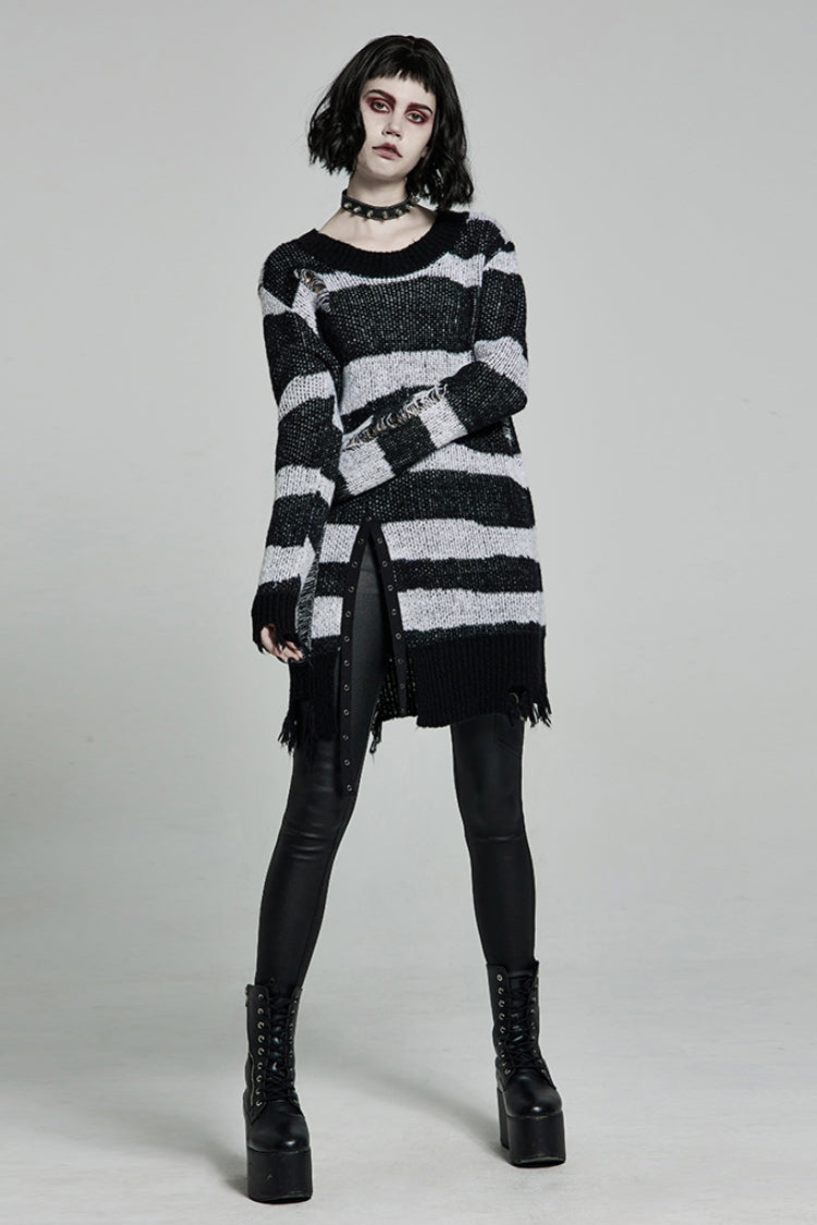 Striped Print Long Sleeves Mesh Ripped Women's Steampunk Knitted Sweater 2 Colors - Product - 4